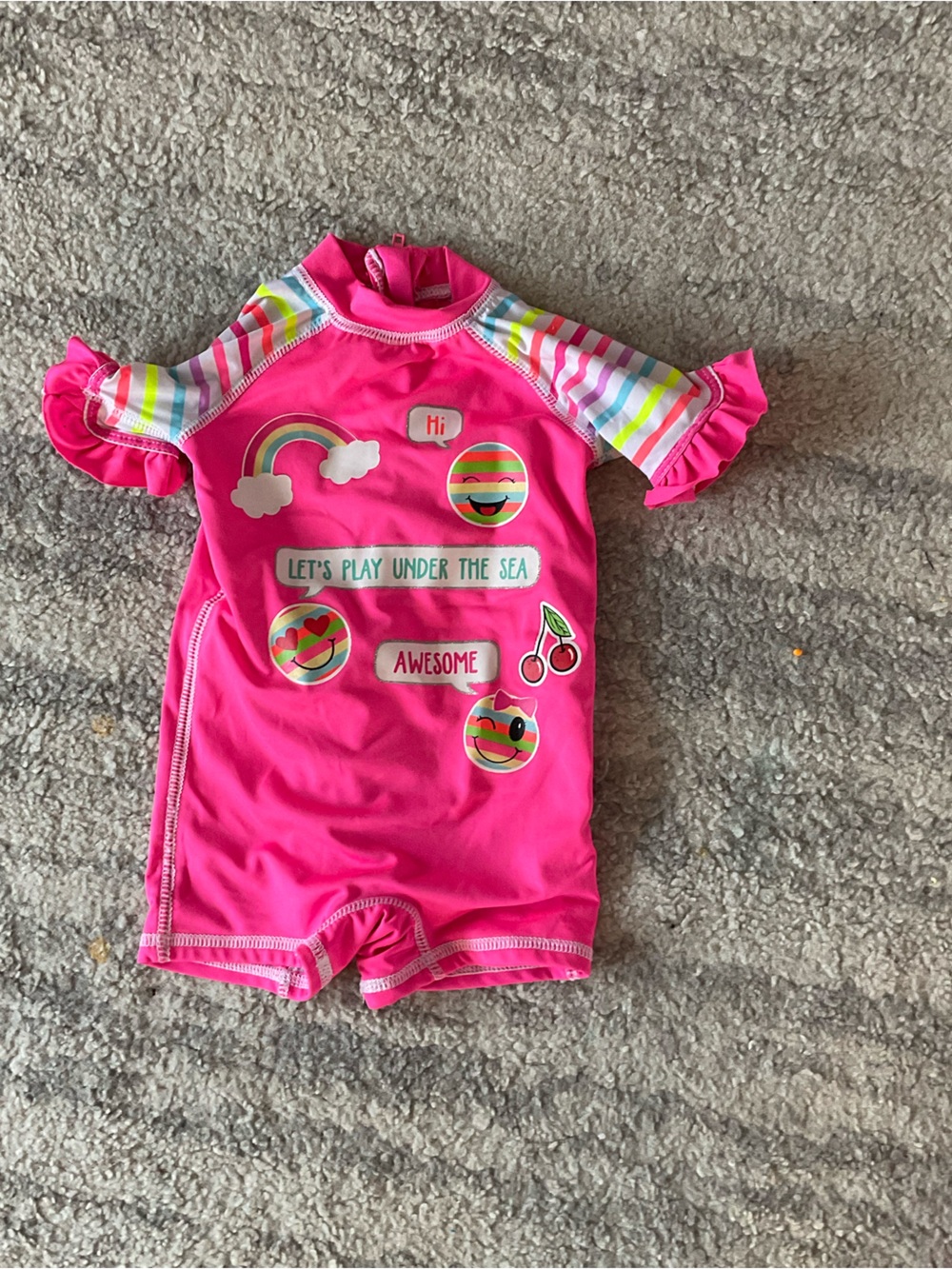 Kids Pink Short-Sleeve One-Piece Swim Suit with Rainbow Accents